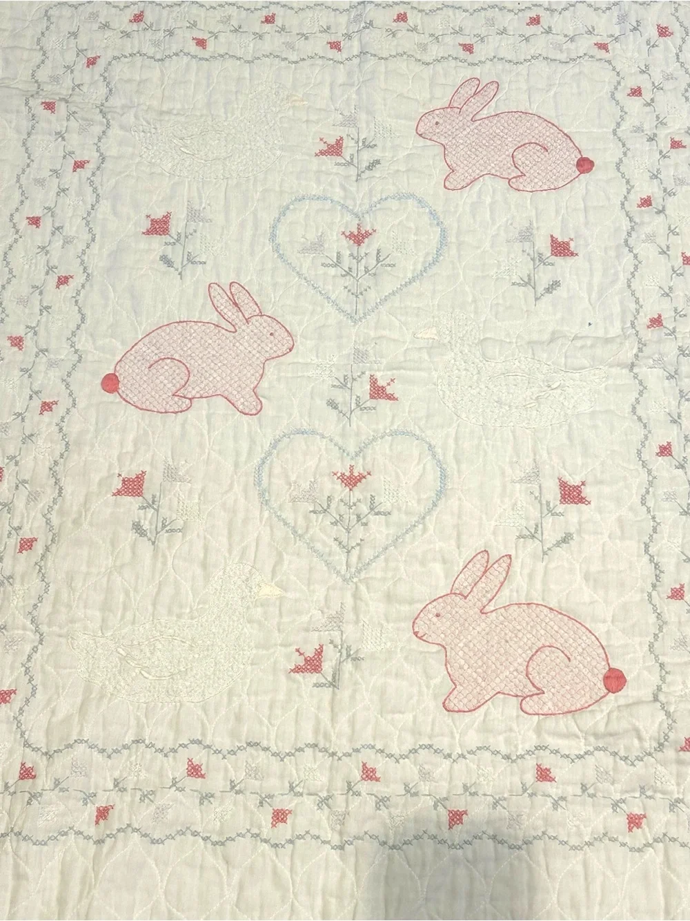 Vintage Hand Stitched  Baby Quilt with Ducks and Bunnies Finished Piece 32 X38